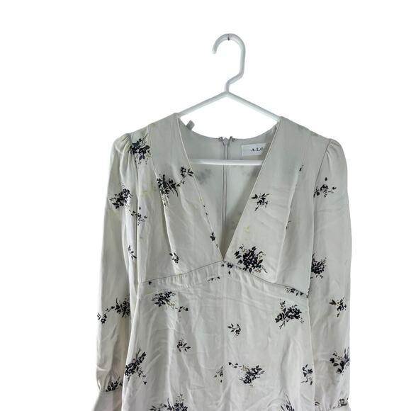 A.L.C. Black White Floral Long Sleeve V-Neck Flounce Mini Dress Women's Size 0 - Picture 4 of 10